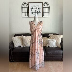 BALTIC BORN Women's’ Peach Floral Tiered Maxi Dress Size XL Boho Summer Beach